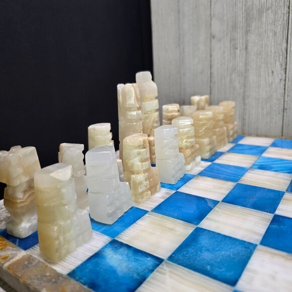 Vtg Aqua Blue White Marble Chess Board Carved Pieces Complete Set 13.5" x 13.5" - Picture 5 of 15